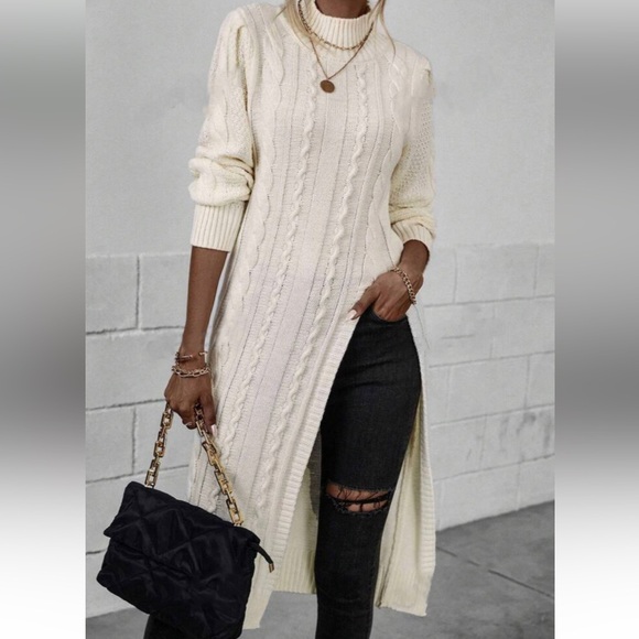 Luxe red high neck cable knit slit thigh sweater top - Picture 2 of 8